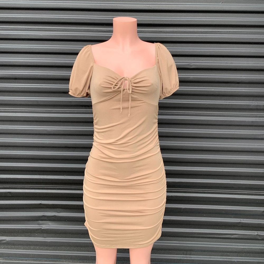 Pilar Ruched Mini Dress-Tan